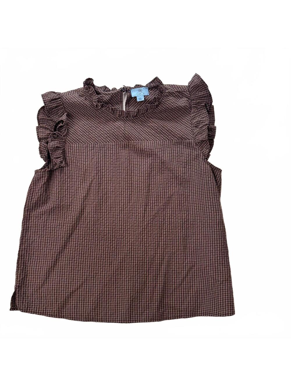 CeCe Womens Large Brown Gingham Ruffle Sleeve Blouse